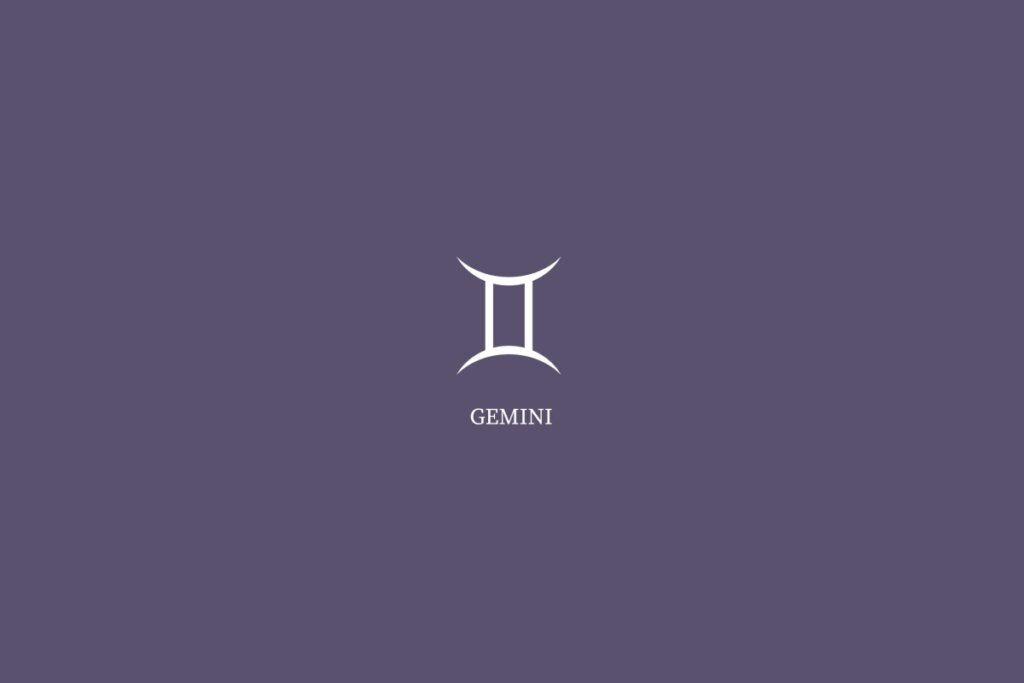Ilustração do signo de gêmeos, na cor branca e com o nome embaixo, centralizado em um fundo roxo