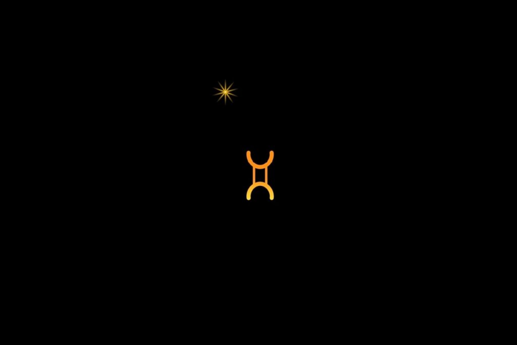 Ilustração do signo de gêmeos, em um fundo preto, com uma estrela do lado esquerdo superior