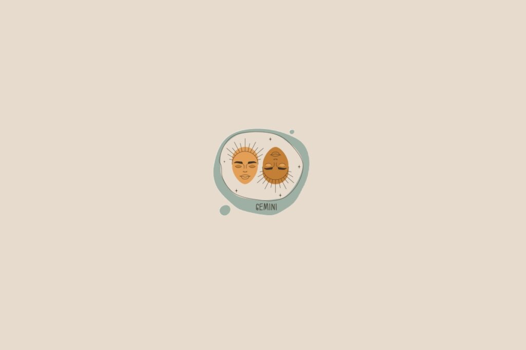 Ilustração do signo de gêmeos em um fundo bege-claro. Ao redor dele, há um círculo verde-claro e pequenas bolhas
