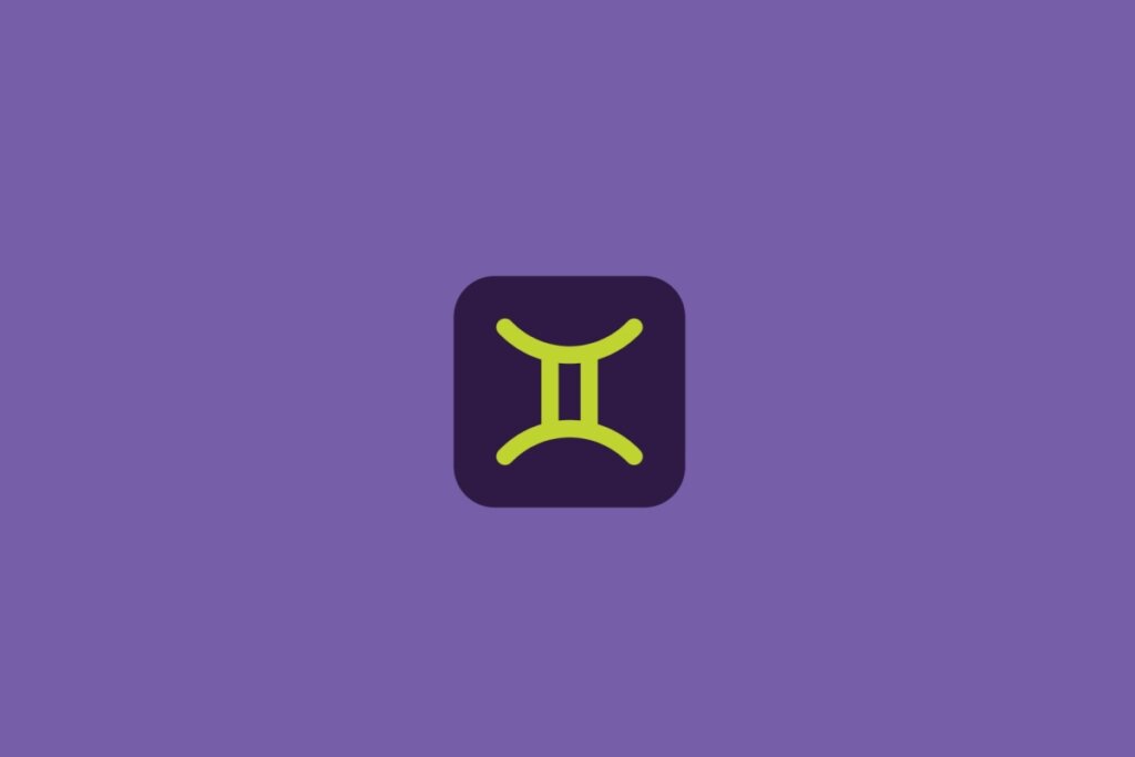Ilustração do signo de gêmeos, em um quadrado roxo-escuro, sobre um fundo roxo