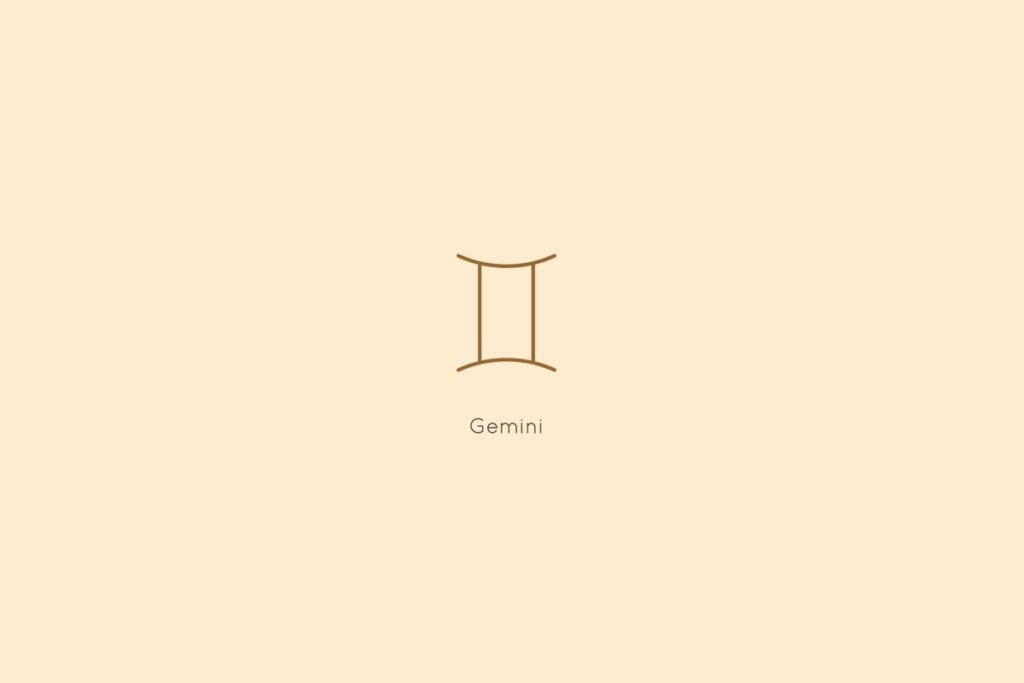 Ilustração do signo de gêmeos, centralizado em um fundo amarelo, com o nome do signo abaixo