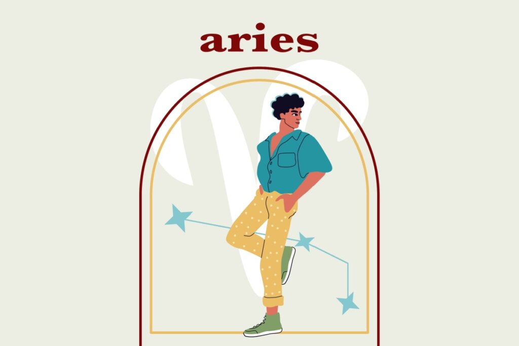 Ilustração de um homem com o símbolo e a constelação do signo de áries ao fundo. Em cima, o nome do signo