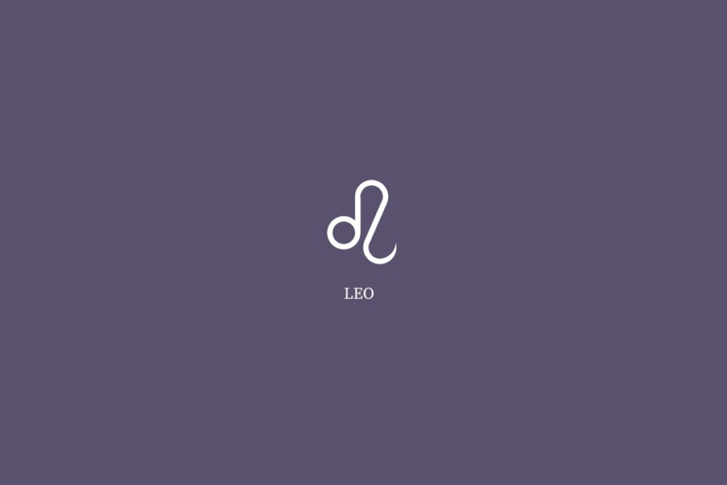 Ilustração do signo de leão, na cor branca e com o nome embaixo, centralizado em um fundo roxo