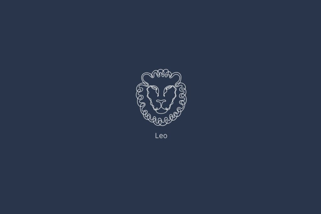 Ilustração do signo de leão, com o nome do signo abaixo, em um fundo azul-escuro