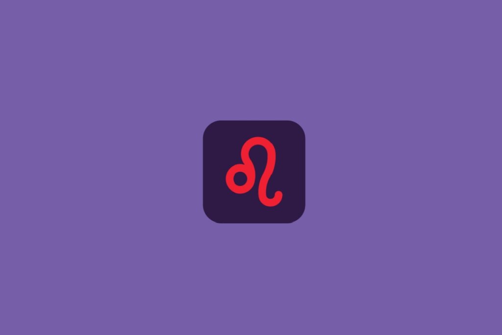 Ilustração do signo de leão, em um quadrado roxo-escuro, sobre um fundo roxo