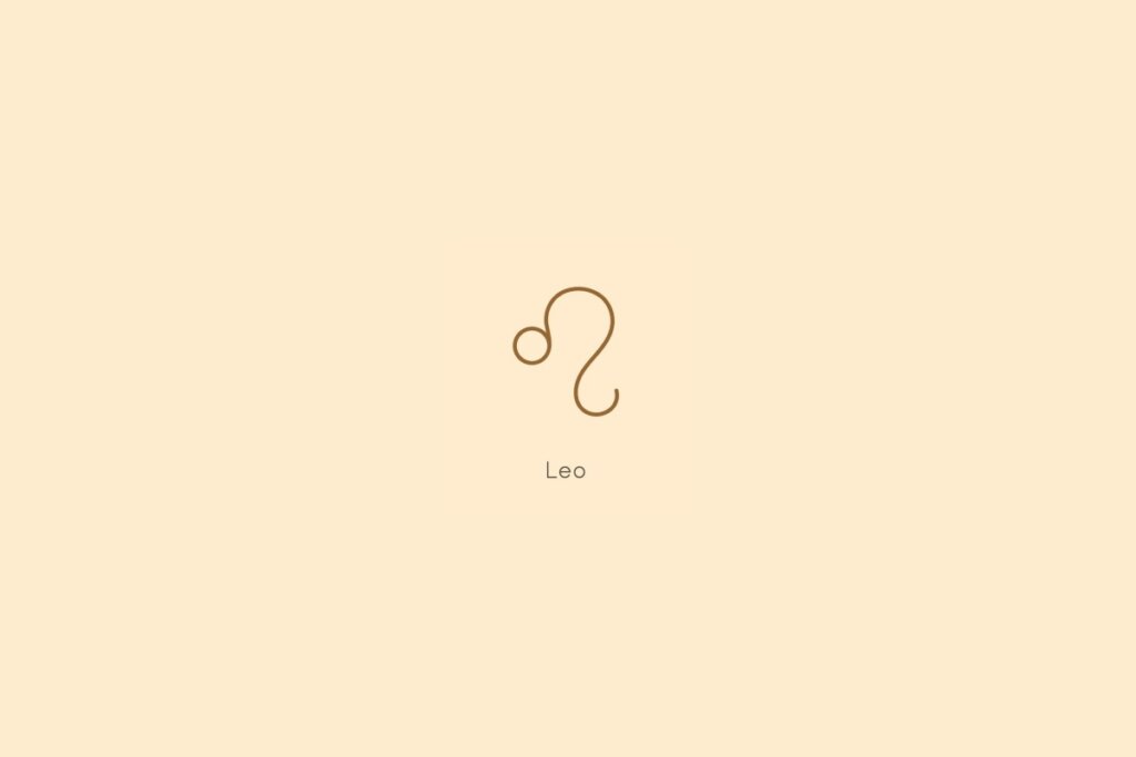 Ilustração do signo de leão, centralizado em um fundo amarelo, com o nome do signo abaixo