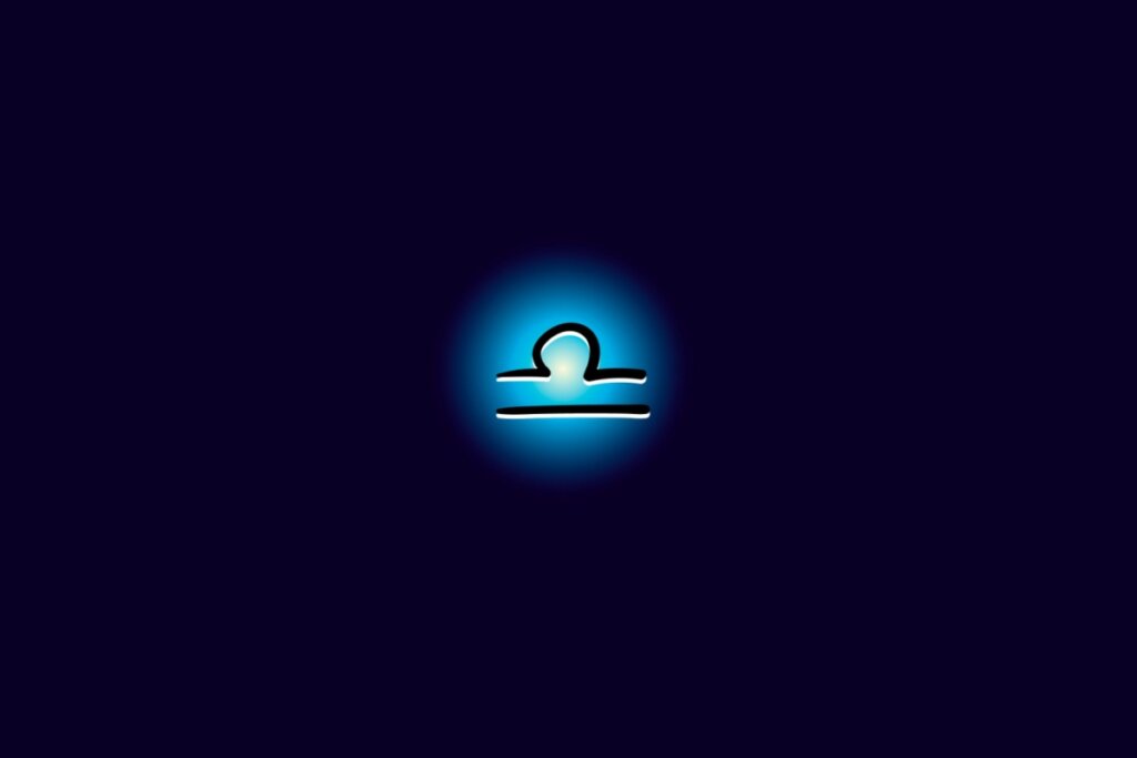 Ilustração do signo de libra iluminado com uma luz em um fundo azul escuro