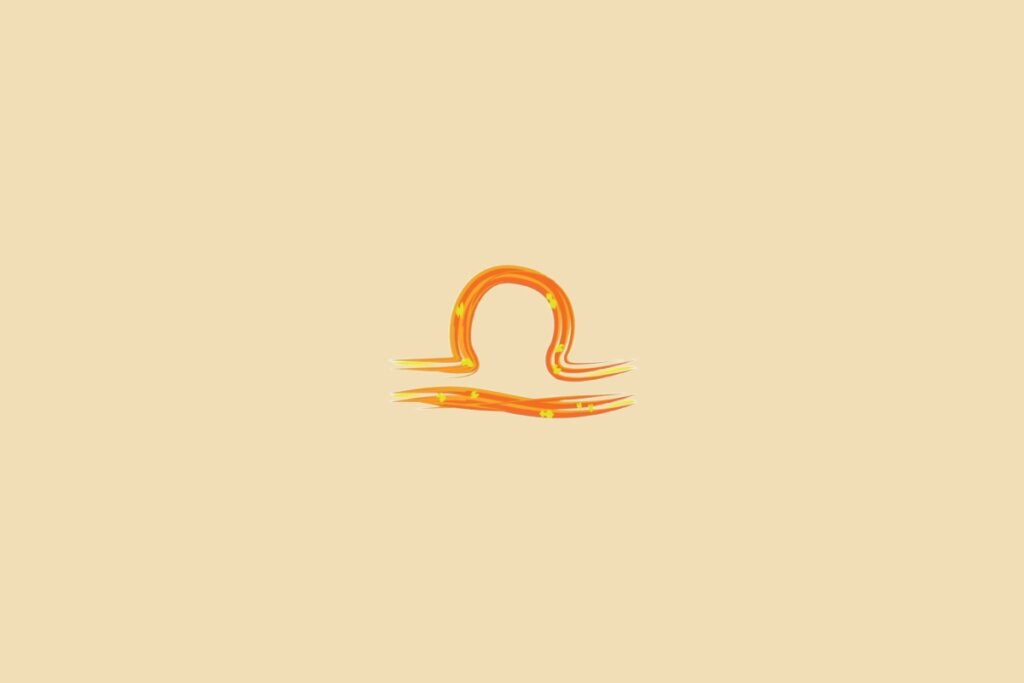 Ilustração do signo de libra, na cor laranja-escuro, centralizado em um fundo laranja-claro
