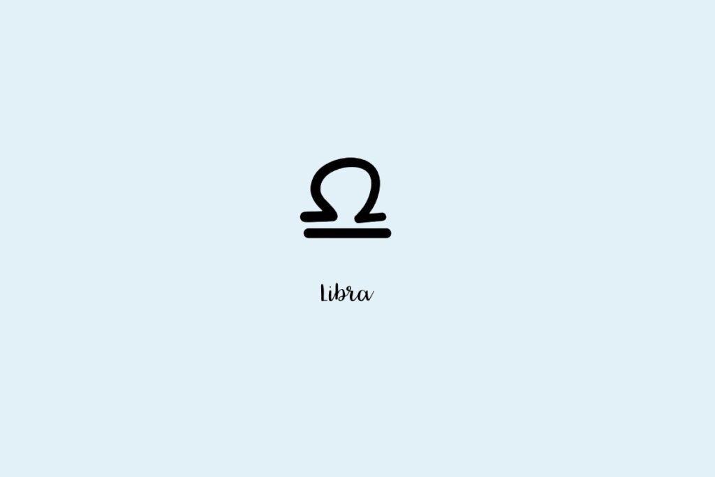 Ilustração do símbolo do signo de libra, com o nome embaixo, em um fundo azul-claro