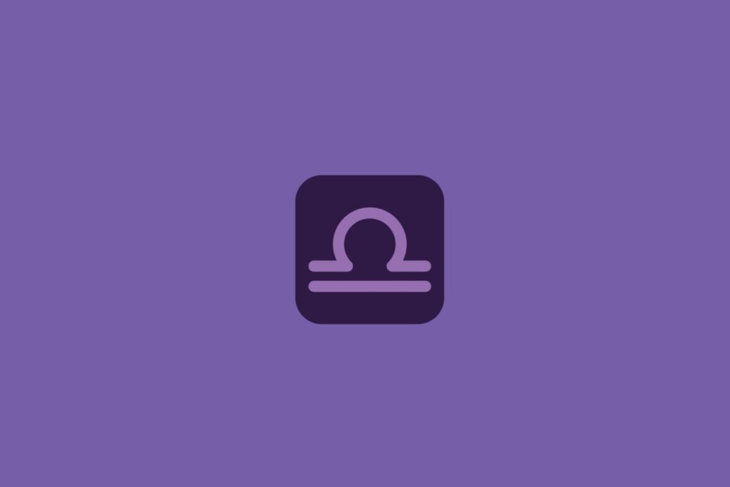 Ilustração do signo de libra, em um quadrado roxo-escuro, sobre um fundo roxo