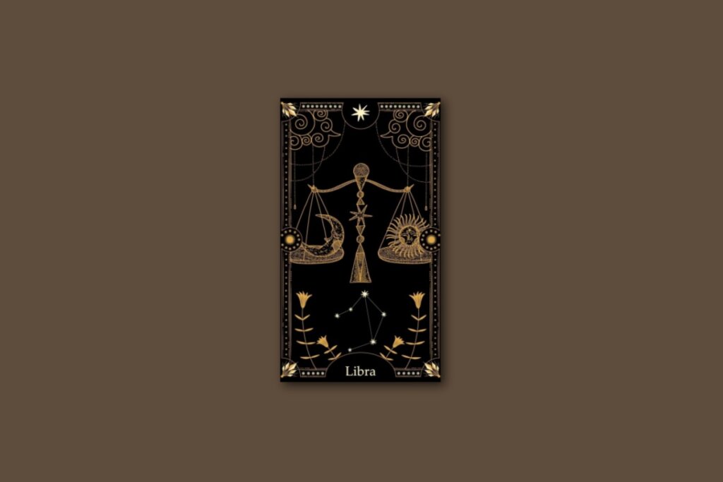 Ilustração de uma carta preta, com balança e constelação de Libra, com borda dourada e estrelas