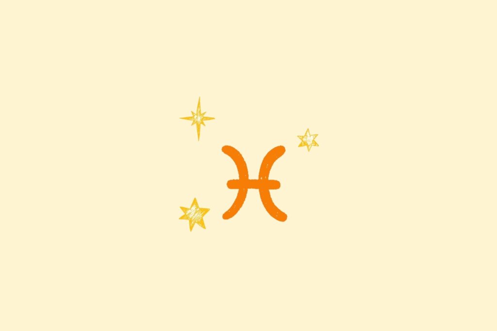 Ilustração do signo de peixes na cor laranja, centralizado em um fundo amarelo, e rodeado por estrelas