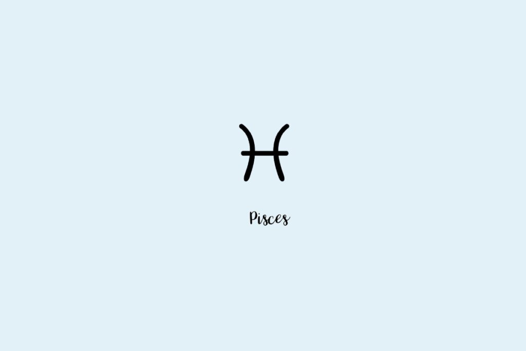 Ilustração do símbolo do signo de peixes, com o nome embaixo, em um fundo azul-claro