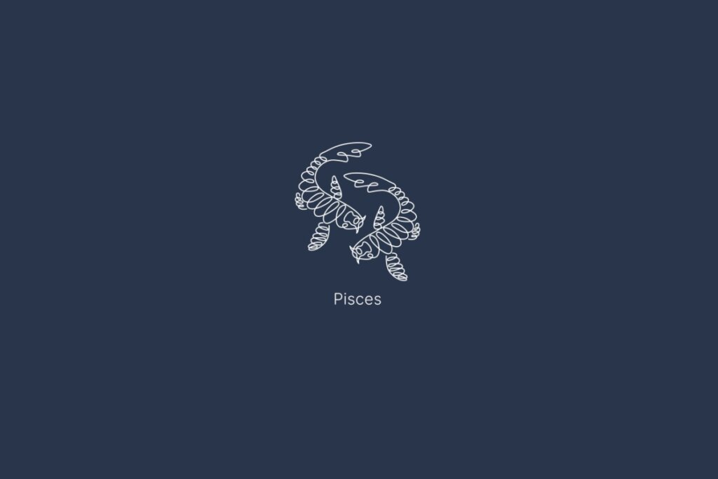 Ilustração do signo de peixes, com o nome do signo abaixo, em um fundo azul-escuro