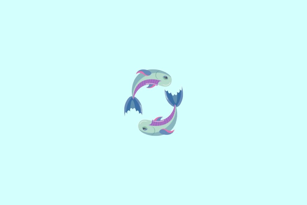Ilustração de dois peixes nadando em círculo em tons de azul, roxo e rosa, representando o signo de peixes, em um fundo verde-claro