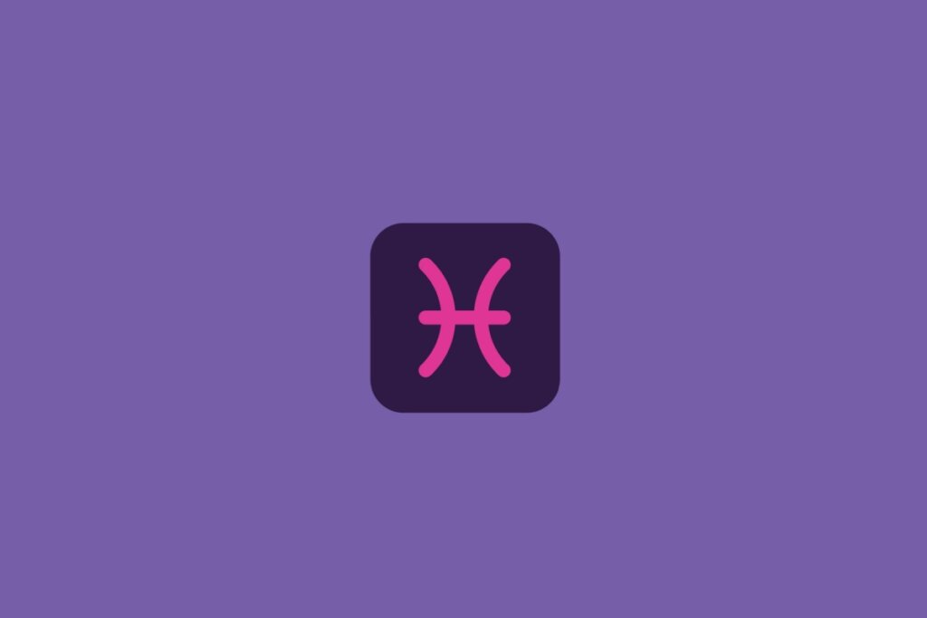 Ilustração do signo de peixes, em um quadrado roxo-escuro, sobre um fundo roxo
