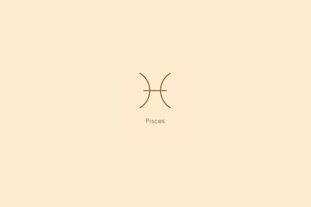 Ilustração do signo de peixes, centralizado em um fundo amarelo, com o nome do signo abaixo