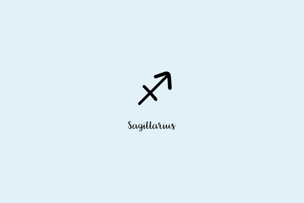 Ilustração do símbolo do signo de sagitário, com o nome embaixo, em um fundo azul-claro