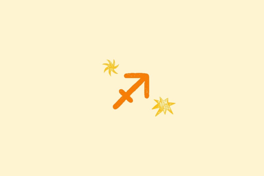 Ilustração do signo de sagitário na cor laranja, centralizado em um fundo amarelo, e rodeado por estrelas
