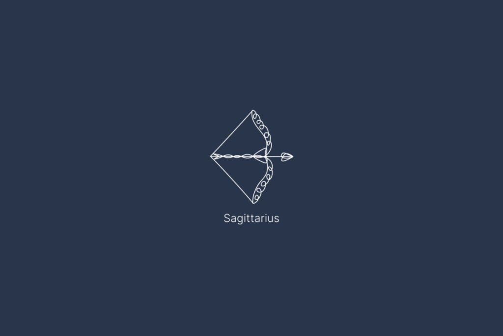 Ilustração do signo de sagitário, com o nome do signo abaixo, em um fundo azul-escuro