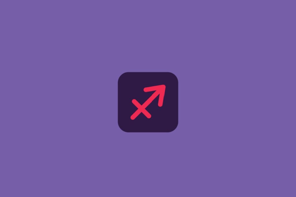 Ilustração do signo de sagitário, em um quadrado roxo-escuro, sobre um fundo roxo