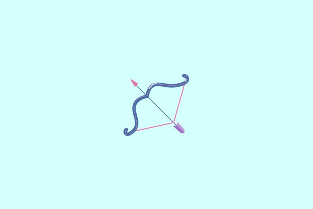 Ilustração de um arco e flecha azul, rosa e roxo, representando o signo de sagitário, em um fundo verde-claro