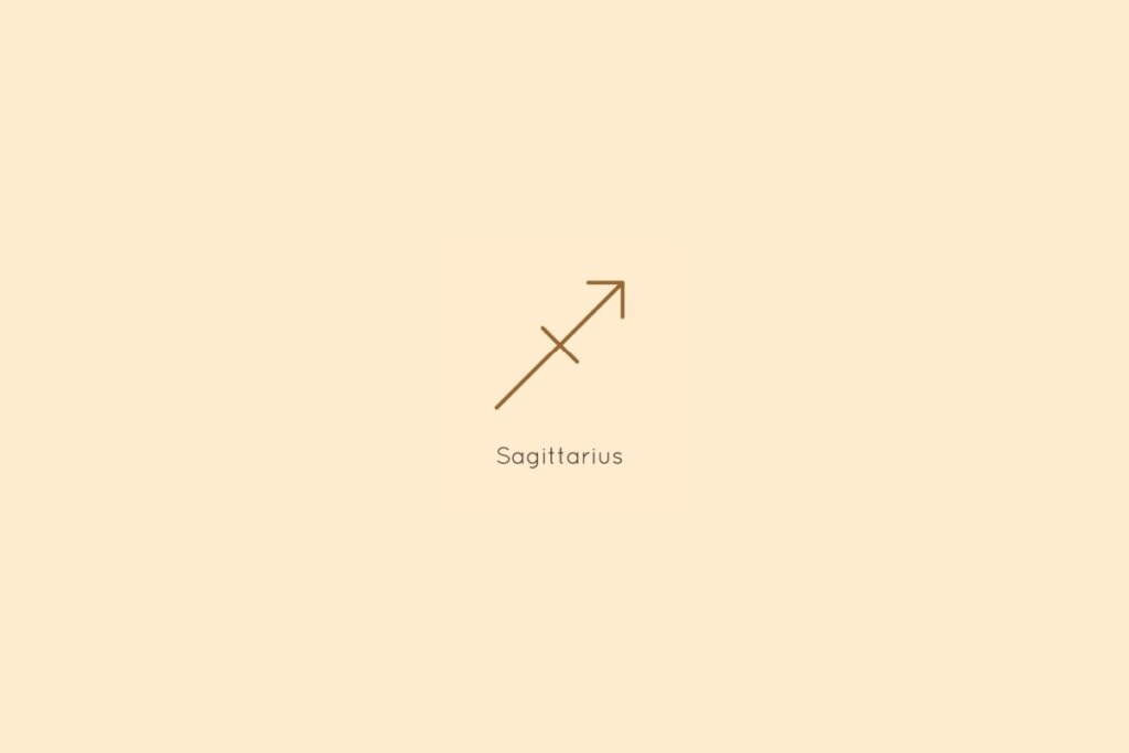 Ilustração do signo de sagitário, centralizado em um fundo amarelo, com o nome do signo abaixo