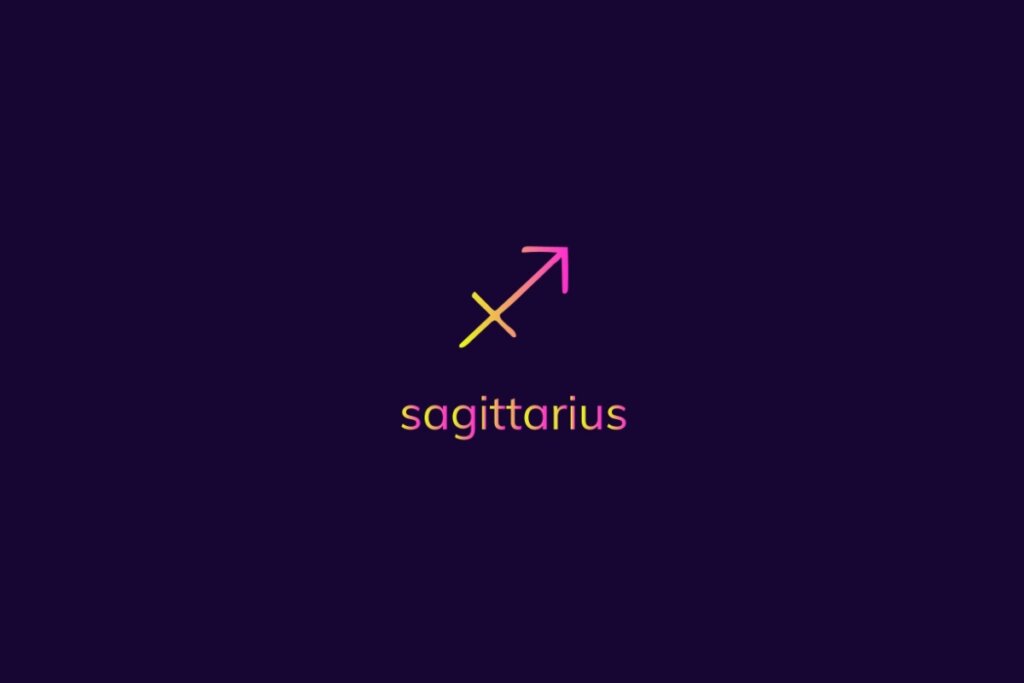 Ilustração do signo de sagitário na cor rosa e amarelo em um fundo azul-escuro