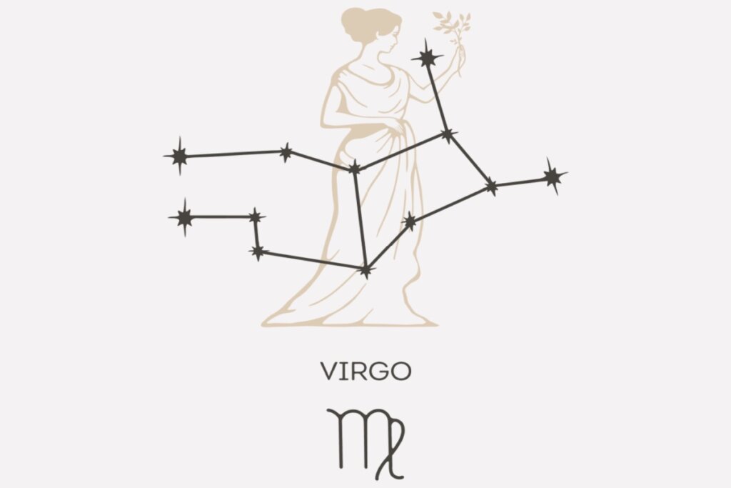 Ilustração e constelação do signo de Virgem em um fundo cinza