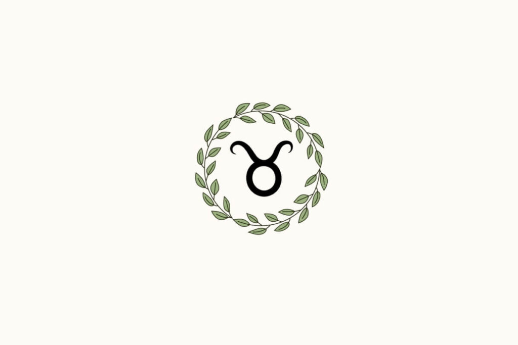 Ilustração de uma coroa de plantas ao redor do signo de touro, sobre fundo rosa-claro