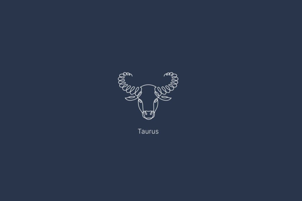 Ilustração do signo de touro, com o nome do signo abaixo, em um fundo azul-escuro