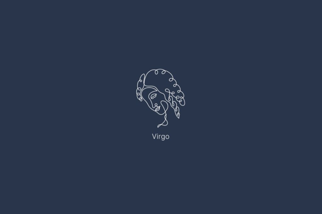 Ilustração do signo de virgem, com o nome do signo abaixo, em um fundo azul-escuro