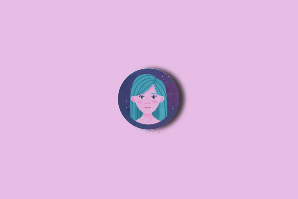Ilustração do signo de virgem em um círculo azul com estrelas e sobre um fundo rosa