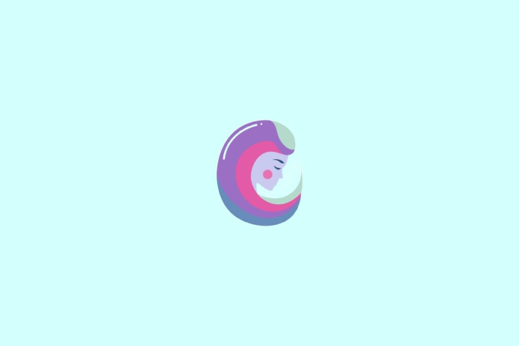Ilustração de rosto de mulher com cabelo roxo e rosa, representando o signo de virgem, em um fundo verde-claro
