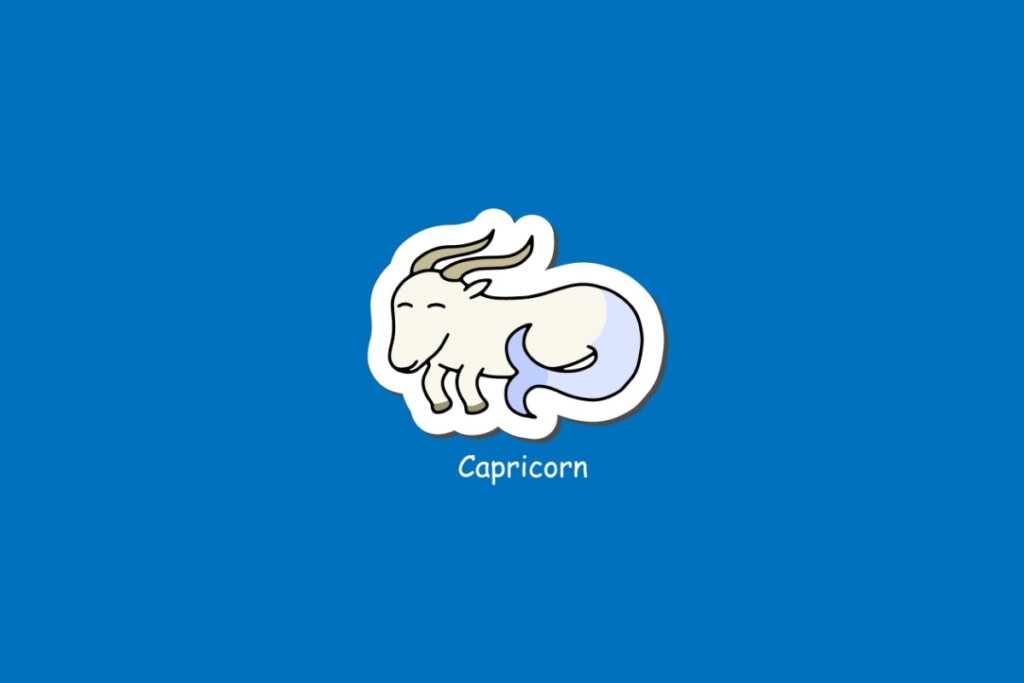 Ilustração do signo de Capricórnio, em fundo azul, com criatura de corpo de cabra e cauda de peixe