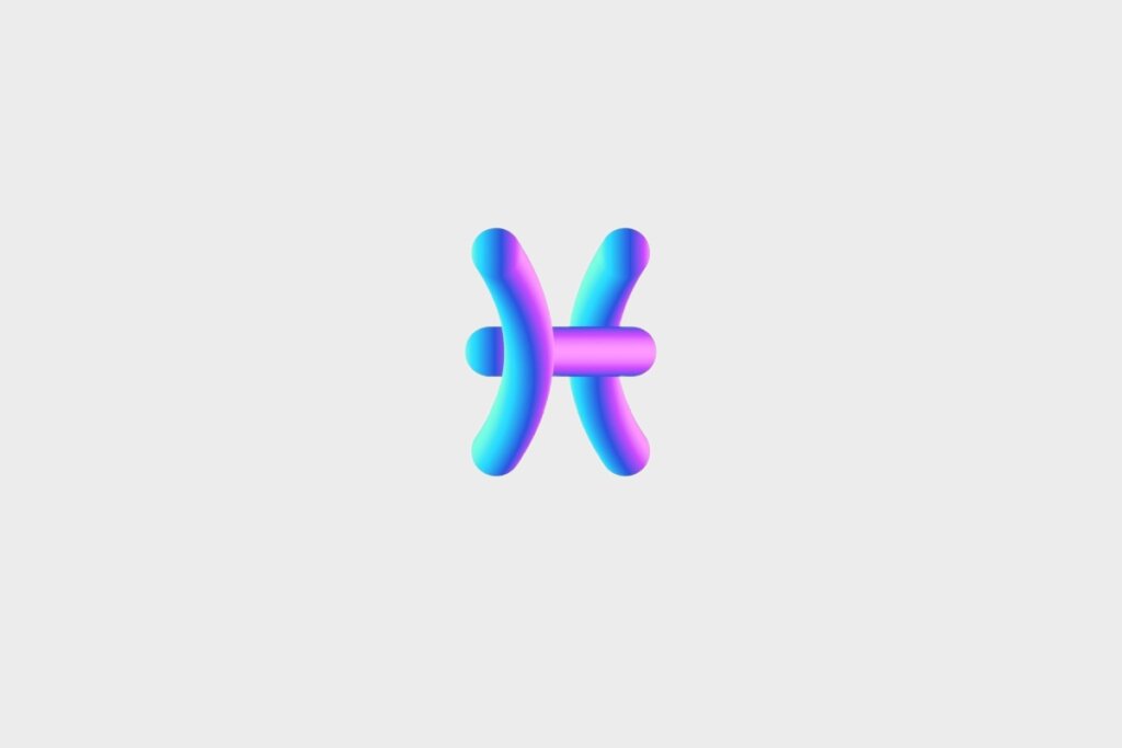 Ilustração do signo de Peixes, em fundo cinza, contendo o símbolo em formato 3D com gradiente azul, roxo e rosa, representado por duas curvas opostas unidas por uma barra central