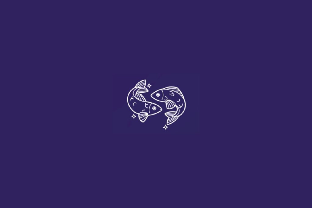 Ilustração do signo de Peixes em branco em um fundo roxo