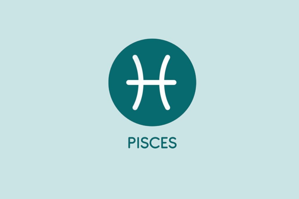 Ilustração do signo de Peixes, contendo duas linhas curvas e uma linha reta cruzando-as em um círculo sobre fundo verde-claro