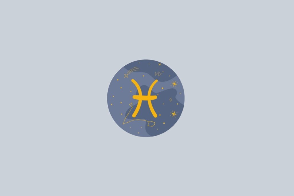 Ilustração do signo de Peixes, contendo o símbolo dourado em forma de dois arcos opostos unidos por uma barra central, em fundo cinza-claro