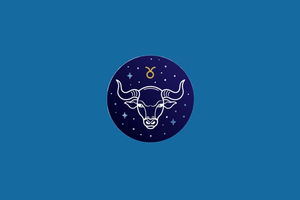 Ilustração do signo de Touro, em fundo azul, contendo um círculo com a cabeça de um touro em linhas brancas e o símbolo do signo em dourado