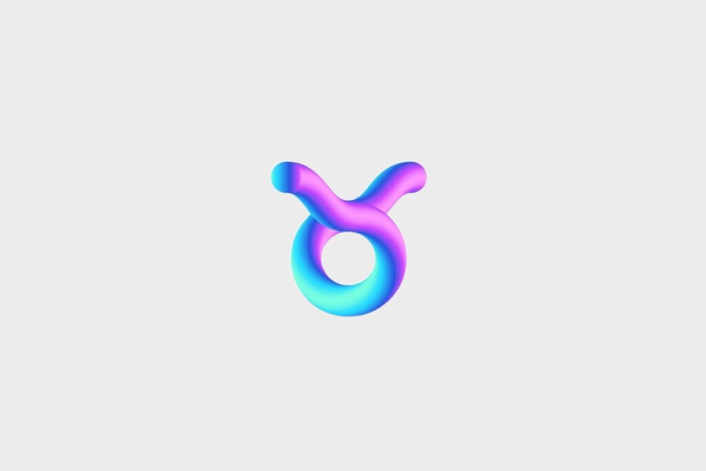 Ilustração do signo de Touro, em fundo cinza, contendo o símbolo em formato 3D com gradiente azul, roxo e rosa, representado por um círculo com dois chifres curvos na parte superior