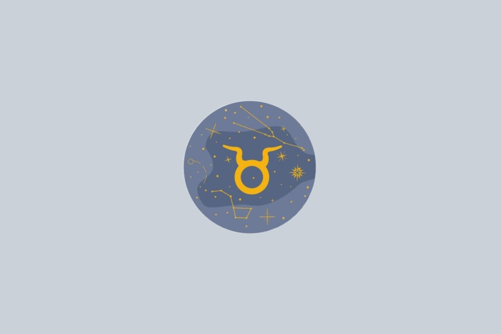 Ilustração do signo de Touro, contendo o símbolo dourado em forma de cabeça de touro com chifres, em fundo cinza-claro