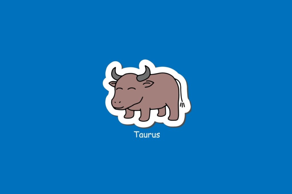 Ilustração do signo de Touro, em fundo azul, com touro marrom de chifres curvos e olhos fechados