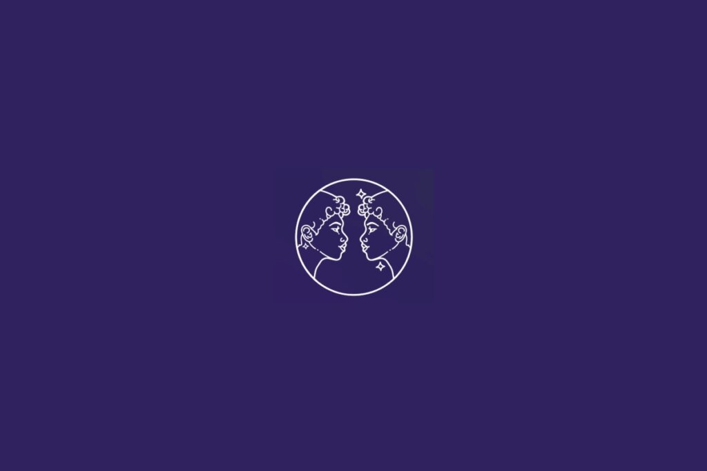 Ilustração do signo de Gêmeos em branco em um fundo roxo