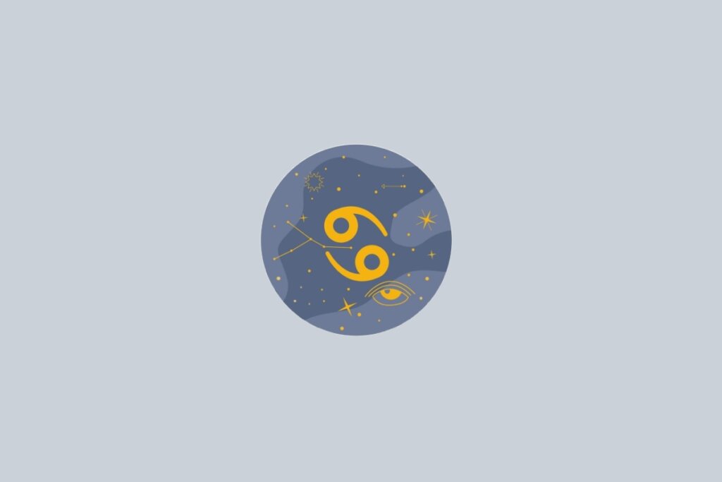 Ilustração do signo de Câncer, contendo o símbolo dourado em forma de dois círculos entrelaçados, em fundo cinza-claro