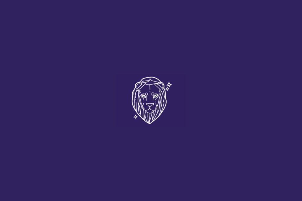 Ilustração do signo de Leão em branco em um fundo roxo