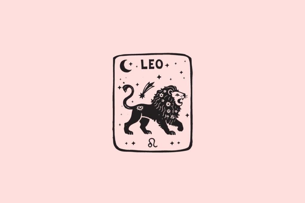 Ilustração do signo de Leão, contendo um leão com juba florida, lua crescente e estrelas cadentes, em fundo rosa-claro