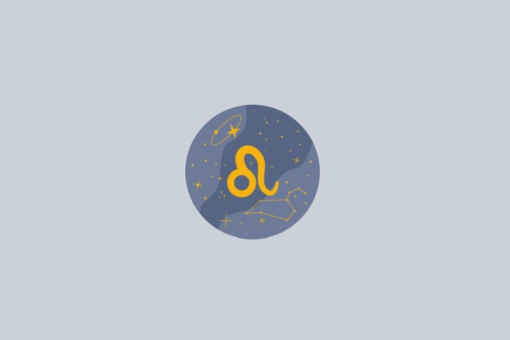 Ilustração do signo de Leão, contendo o símbolo dourado em forma de espiral com cauda, em fundo cinza-claro