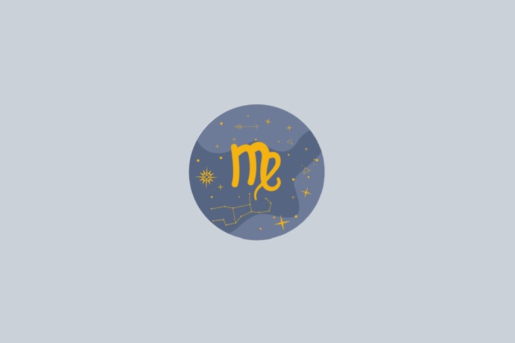 Ilustração do signo de Virgem, contendo o símbolo dourado em forma de letra M com detalhe encurvado, em fundo cinza-claro