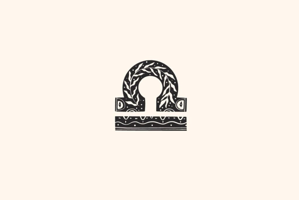 Ilustração do signo de Libra, contendo o símbolo da balança com semicírculo superior e detalhes de folhagens sobre fundo claro